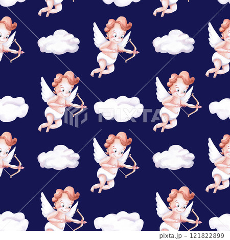 Seamless pattern with a flying angel with a bow and arrow on a blue background. Watercolor illustration decorating a cafe, printing on postcards, fabric, packaging, decorating children's rooms 121822899