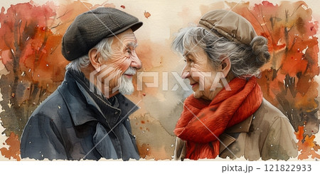 Watercolor Illustration of an Elderly Couple in an Autumn Forest 121822933