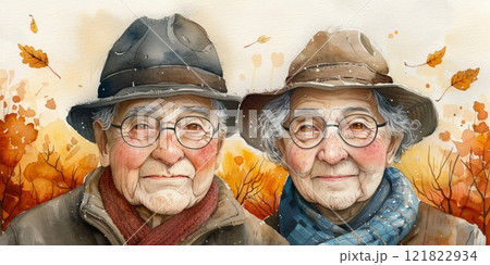 Watercolor Illustration of an Elderly Couple in an Autumn Forest Watercolor Illustration of an Elderly Couple in an Autumn Forest 121822934