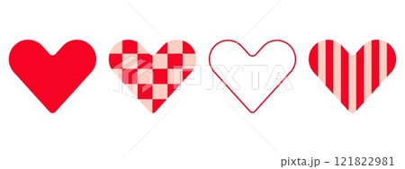 Heart symbol icon set, red pink colour classic flat design, logo shape, outline contour, checkered and striped isolated elements. White background. Vector illustration 121822981