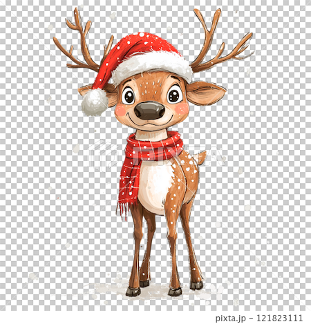 Reindeer in a festive red pajamas on a transparent background. Christmas character, holiday design, cozy vibes, winter joy, seasonal fun, reindeer illustration, holiday fashion, Christmas outfit. 121823111