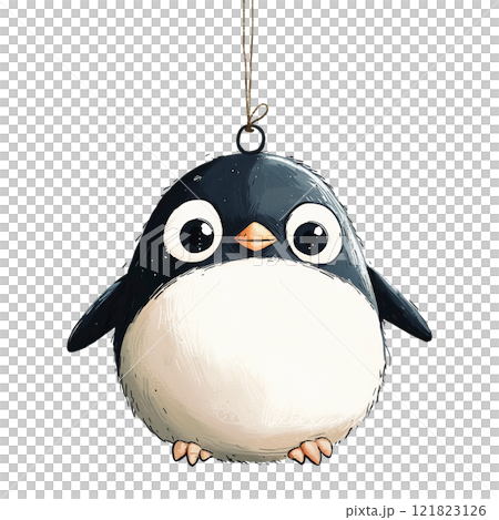 Christmas tree ornament of a cute animal isolated on a transparent background. Watercolor-style illustration of a round penguin hanging by a string. Christmas theme, perfect for holiday. 121823126