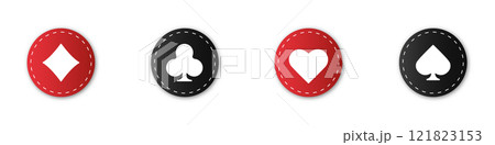 Set collection gambling sign symbol of playing card suits and chips for poker and casino. Hearts, clubs, diamonds and spades on an isolated white background. Set collection gambling sign symbol of playing card suits and chips for poker and casino. Hearts, clubs, diamonds and spades on an isolated white background. 121823153