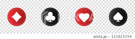 Hearts diamonds clubs spades sign realistic chips. Playing card suit symbols. Vector illustration card sign on transparent background. Icon for mobile app or web site. Hearts diamonds clubs spades sign realistic chips. Playing card suit symbols. Vector illustration card sign on transparent background. Icon for mobile app or web site. 121823154