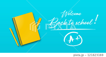 Back to school. Holiday for students. Banner concept with notebook and pen on turquoise or light blue background. Small handwritten text back to school. Place for text. Education poster. 121823169