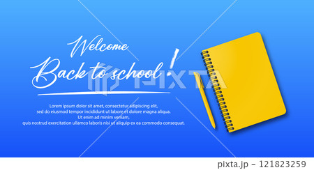 Back to school. Holiday for students. Banner concept with notebook and pen on blue background. Small handwritten text back to school. Place for text. Education poster. 121823259