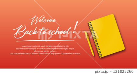 Back to school. Holiday for students. Vector banner concept with notebook and pen on autumn orange background. Small handwritten text back to school. Place for text. Education poster. 121823260