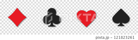 Set collection gambling sign symbol of playing card suits and chips for poker and casino. Hearts, clubs, diamonds and spades on an isolated transparent background. 121823261