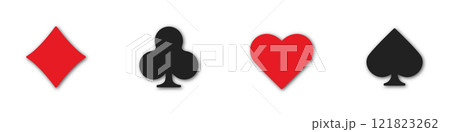 Set collection gambling sign symbol of playing card suits and chips for poker and casino. Hearts, clubs, diamonds and spades on an isolated white background. 121823262