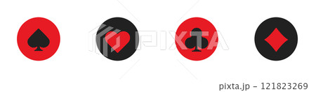 Set collection gambling sign symbol of playing card suits and chips for poker and casino. Hearts, clubs, diamonds and spades on an isolated white background. 121823269