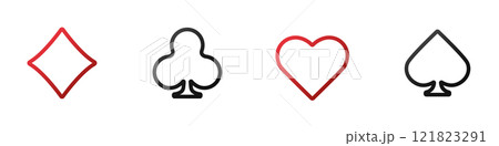 Set collection gambling sign symbol of playing card suits and chips for poker and casino. Hearts, clubs, diamonds and spades on an isolated white background. 121823291