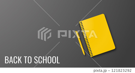 Holiday for students. Back to school. Vector banner concept with notebook and pen on black background. Place for text. Education poster. Small handwritten text back to school. 121823292