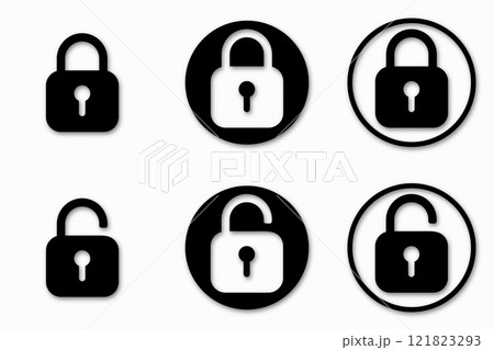Set of lock icons, lock icon. Safety symbols. Vector illustration. Close and open lock padlock symbols. Sign of locked and unlocked padlock. 121823293