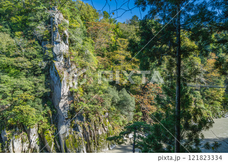 飯田市の名勝天龍峡の龍角峯と木々と雨の降った後の天竜川の風景(長野県) 121823334