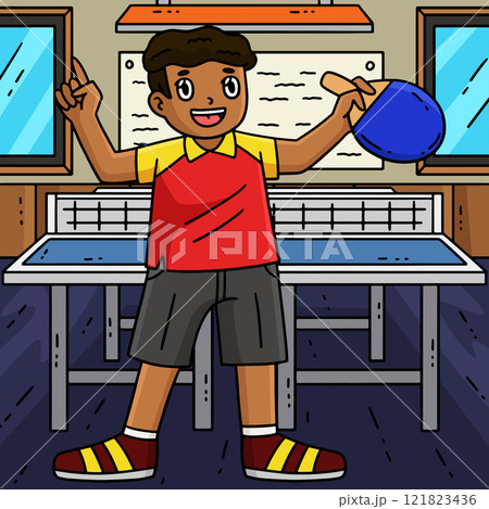 Table Tennis Player Holding Racket Colored Cartoon 121823436
