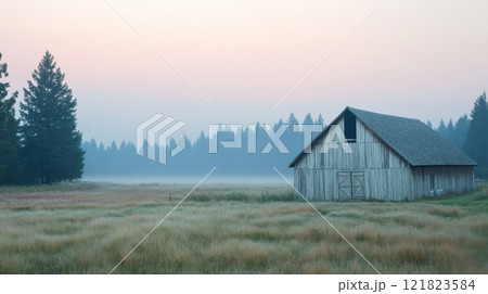 Rustic barn in foggy countryside landscape on a misty morning 121823584