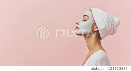 Side profile of a woman with a facial mask against soft pink background 121823585