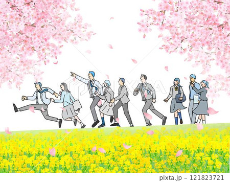 桜の木と菜の花の咲く土手沿いを歩く学生男女ー全身ー卒業入学ー人物ベクターイラスト白バック背景素材 桜の木と菜の花の咲く土手沿いを歩く学生男女ー全身ー卒業入学ー人物ベクターイラスト白バック背景素材 121823721