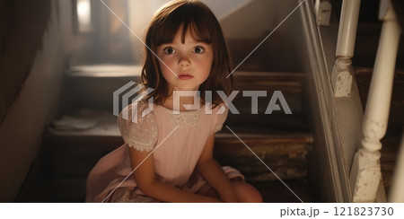 Little girl sitting on a staircase gazing with curiosity and wonder 121823730