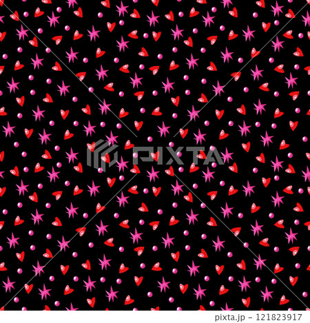 Watercolor hearts and stars seamless pattern. Hand drawn background. Black background, red hearts, pink stars. 121823917