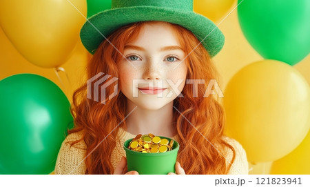 Red-haired girl in a leprechaun hat holds a pot of gold with bright balloons nearby celebrating St. Patrick Day 121823941