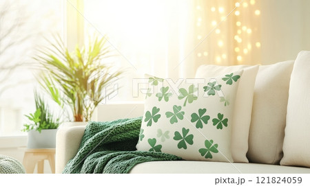 Cozy living room showcases St. Patrick's Day decor with shamrock-patterned pillows, green blanket, and potted plants Cozy living room showcases St. Patrick's Day decor with shamrock-patterned pillows, green blanket, and potted plants 121824059