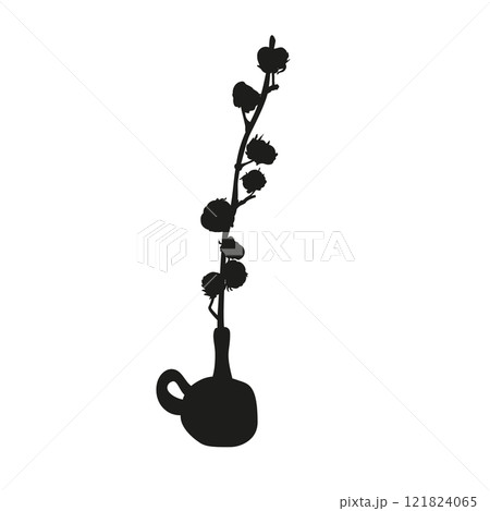Black linocut silhouette of cotton branch in vase 121824065