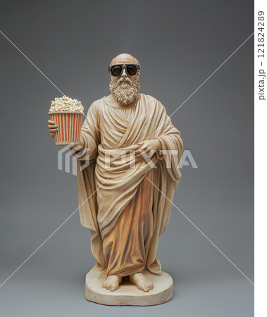 an ancient Greek statue with a bucket of popcorn 121824289