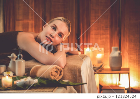 Caucasian woman customer enjoying relaxing anti-stress massage. Quiescent Caucasian woman customer enjoying relaxing anti-stress massage. Quiescent 121824324