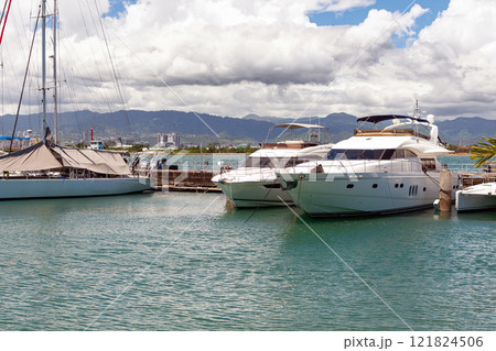 many yachts on the pier in the port 121824506