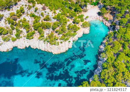 Aerial view of Calanques National Park near Cassis fishing village, Provence, France 121824517