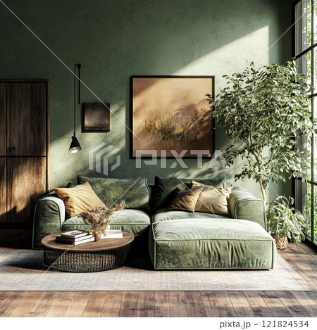 eucalyptus-colored sofa in the living room of the house, interior 121824534