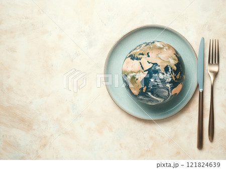 Earth on a plate with knife and fork, reasonable consumption of natural resources Earth on a plate with knife and fork, reasonable consumption of natural resources 121824639