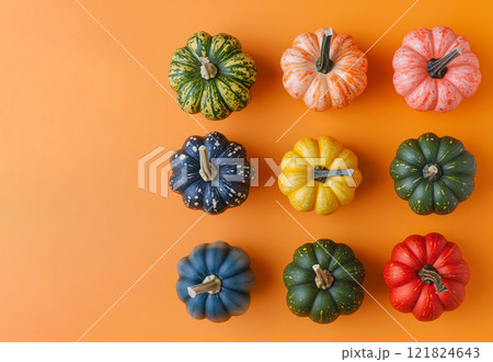 Flat Lay Colorful Pumpkins on Orange Background, Space for Text Flat Lay Colorful Pumpkins on Orange Background, Space for Text 121824643