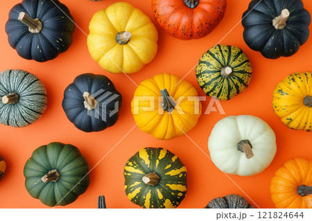 Flat Lay Colorful Pumpkins on Orange Background Flat Lay Colorful Pumpkins on Orange Background 121824644