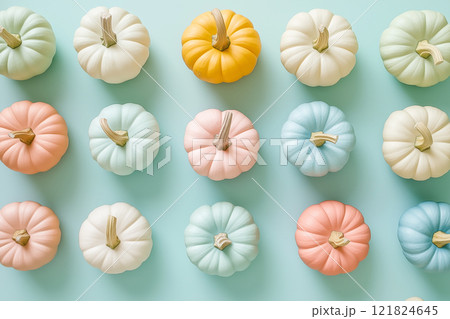 Flat Lay Pastel Color Pumpkins on Soft Blue Background Flat Lay Pastel Color Pumpkins on Soft Blue Background 121824645