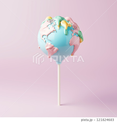 candy on a stick globe globe in pastel colors on soft pink background, AI Generative 121824683