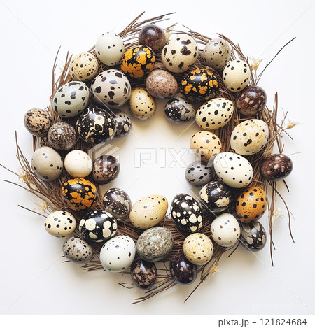 Easter wreath made of quail eggs on white background, AI generative 121824684