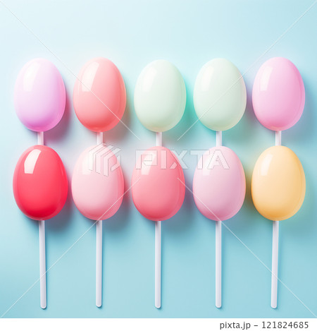 candies on a stick in the shape of eggs, Easter eggs, blue background, AI Generative 121824685