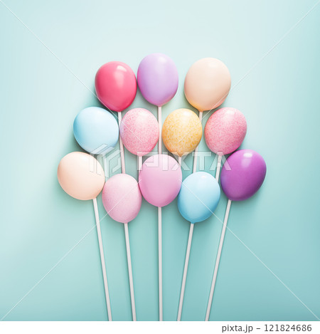 candies on a stick in the shape of eggs, Easter eggs, blue background, AI Generative 121824686