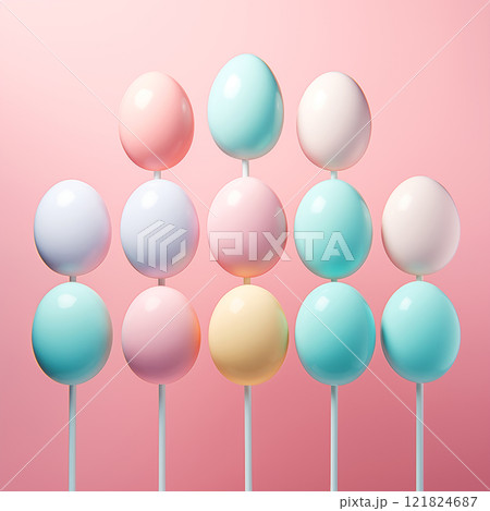 candies on a stick in the shape of eggs, Easter eggs, soft pink background, AI Generative 121824687
