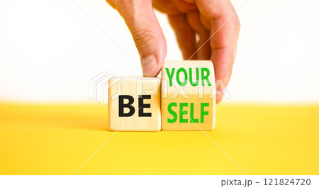 Motivational be yourself symbol. Concept words Be yourself on beautiful wooden block. Beautiful white background Businessman hand. Business motivational be yourself concept. Copy space. 121824720