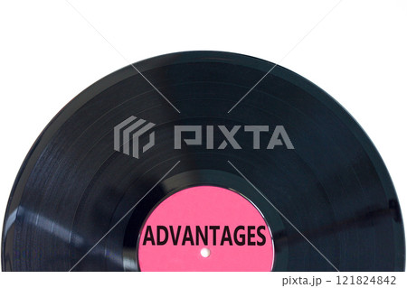 Advantages symbol. Concept word Advantages on beautiful black purple vinyl disk. Beautiful white background. Business advantages concept. Copy space. Advantages symbol. Concept word Advantages on beautiful black purple vinyl disk. Beautiful white background. Business advantages concept. Copy space. 121824842