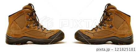 Hiking two shoes and a white background, Sturdy hiking boots 121825181