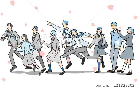 桜の花と歩いたり走る学生男女ー横顔ー全身ー卒業ー入学ー人物シンプル線画ベクターイラスト素材 121825202