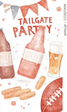 Tailgate party background with football, snacks, and beer with text Tailgate party 121825494