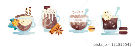 Hot Coffee and Cacao Drink in Glass with Cream and Foam Vector Set 121825542