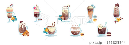 Hot Coffee and Cacao Drink in Glass with Cream and Foam Vector Set 121825544