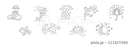 Cute Weather Line Object and Doodle Drawn Element Vector Set 121825560