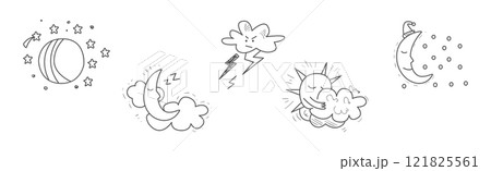 Cute Weather Line Object and Doodle Drawn Element Vector Set 121825561
